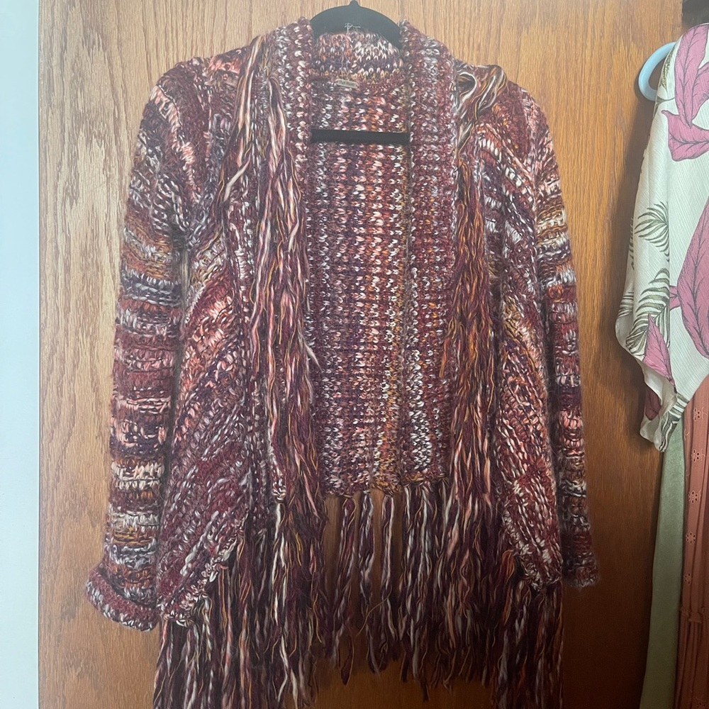 Free People Multicolor Burgundy Knit Fringe Cardigan